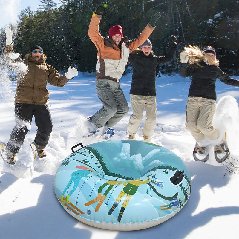 A thick PVC winter ski ring for sledding, available in flame red, ice-snow blue, or snow mountain printed designs.