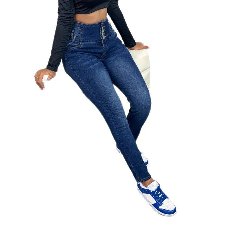 Dark blue women's denim trousers with a breasted front panel and straight leg.