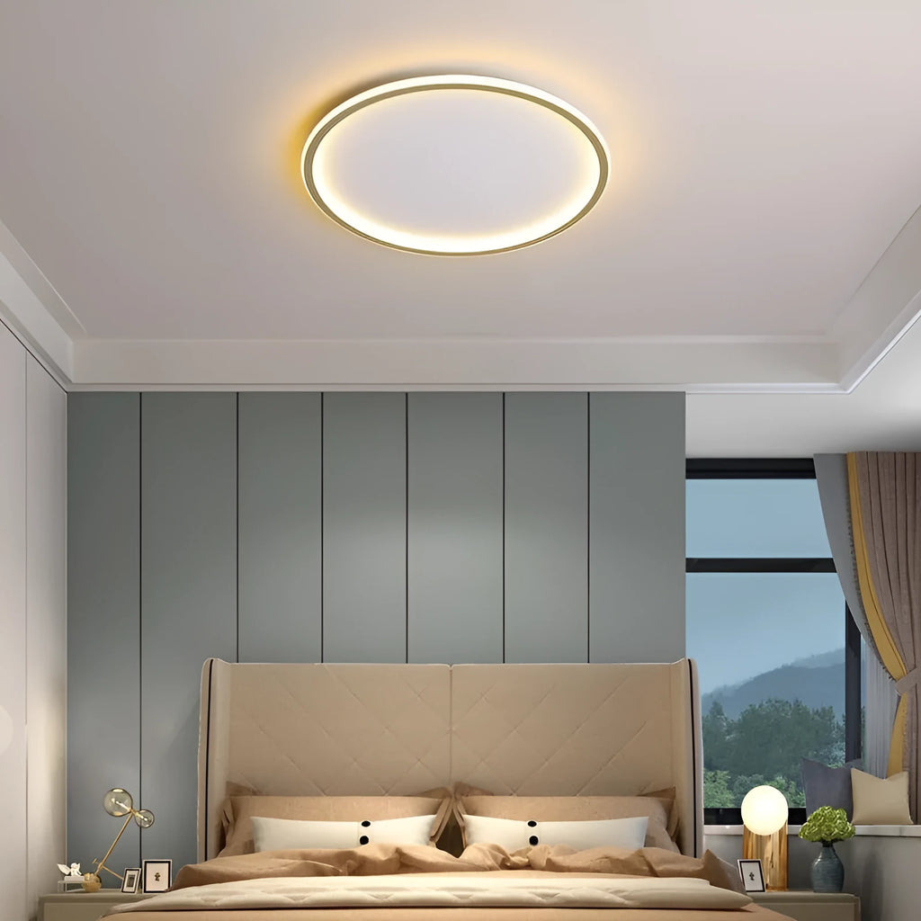 Minimalist circular LED ceiling lamp in black, gold or white finish, shown in 60cm and 80cm sizes.