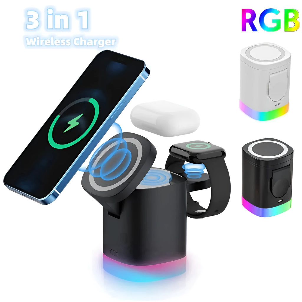 Black foldable 3-in-1 magnetic wireless charging station with RGB lighting charging iPhone, Apple Watch, and AirPods