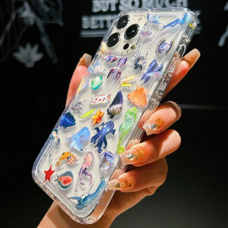 TPU transparent phone case with airbag corners and marine animal artwork for Apple iPhone