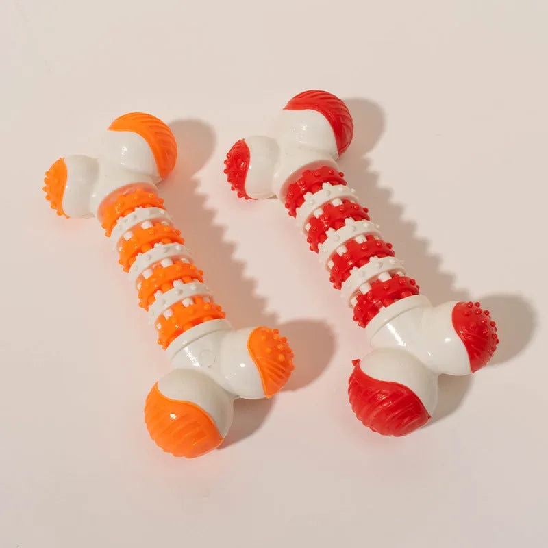Blue bone-shaped rubber dog toy with treat hole for small breeds on a white background.