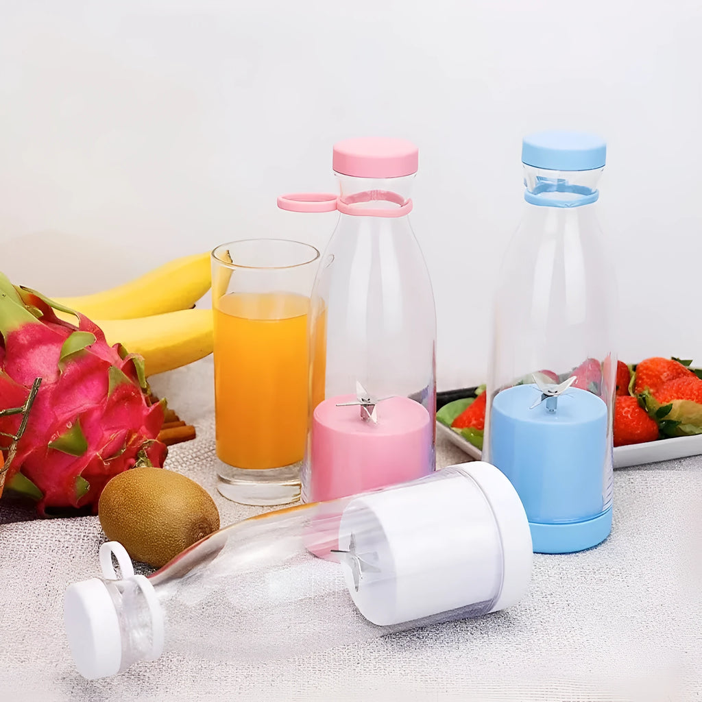 Electric USB wine bottle juicer cup with 6-leaf cutter head, 400ml, in white, PC food grade plastic liner