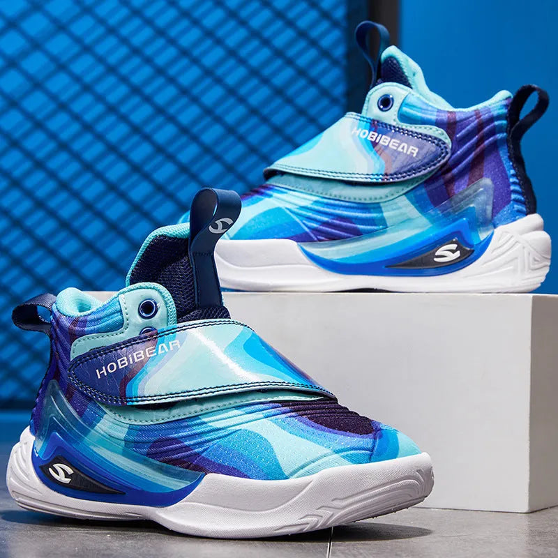 Children's purple blue and purple yellow PU mesh basketball shoes with Velcro strap, sizes 28 to 39