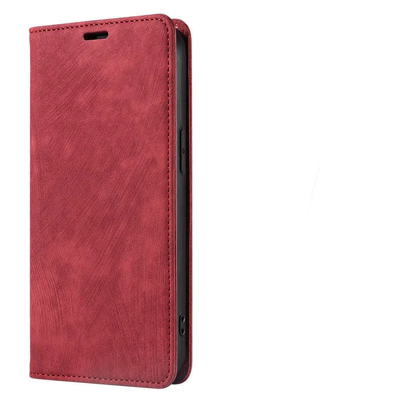 Magnetic flip phone case for iPhone in grey colour, showing front cover closed with magnetic seal.