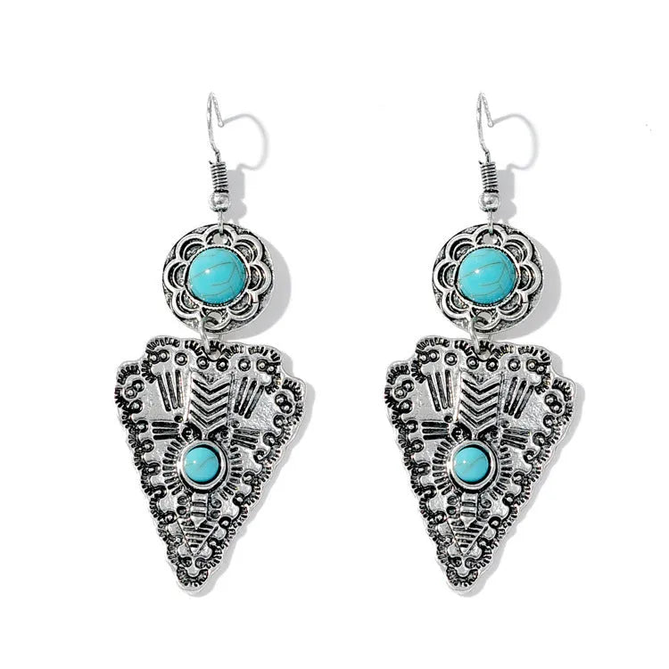 Retro old triangle water drop alloy earrings for women, national style holiday travel accessory