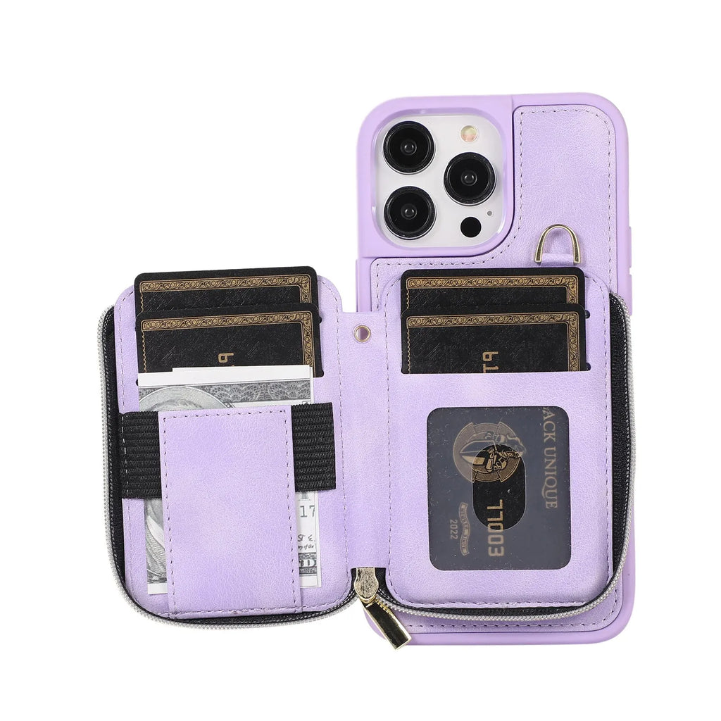 Creative leather style wallet phone case with card slots, lanyard, and bracket in brown for iPhone 14 Pro Max