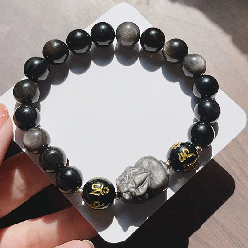 Natural silver stone men's bracelet with hand-knotted beads featuring zodiac symbols and Chinese proverbs