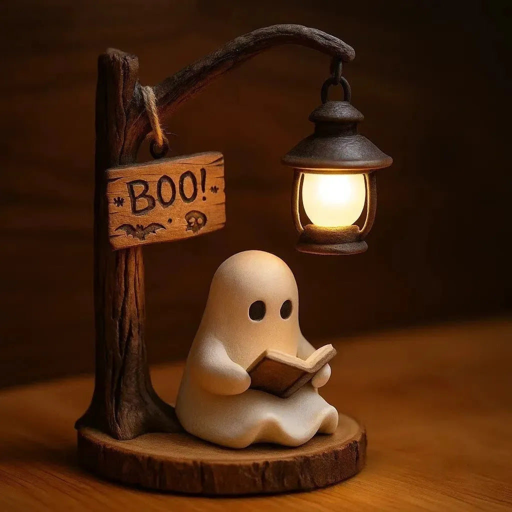 Halloween reading ghost and witch ornament made from resin and plastic in European cartoon style