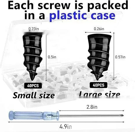 Rubber tyre repair screws, small 5.3x11.7mm and large 6.8x12.7mm, with black screwdriver, 50 large and 50 small.
