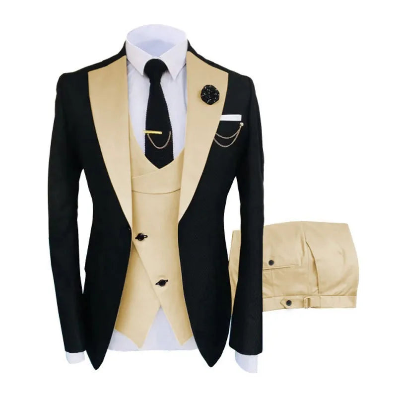 Men's slim fit three-piece cotton suit with coat, vest, and trousers for formal occasions