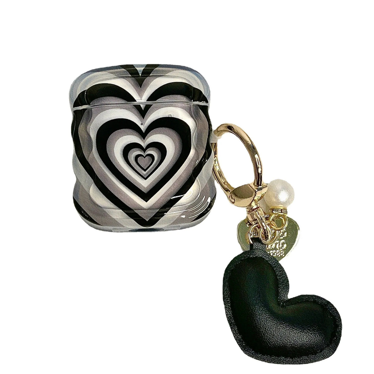 Black stacked heart silicone earphone case for AirPods with pendant, compatible with AirPods 1, 2, 3, Pro and Pro 2