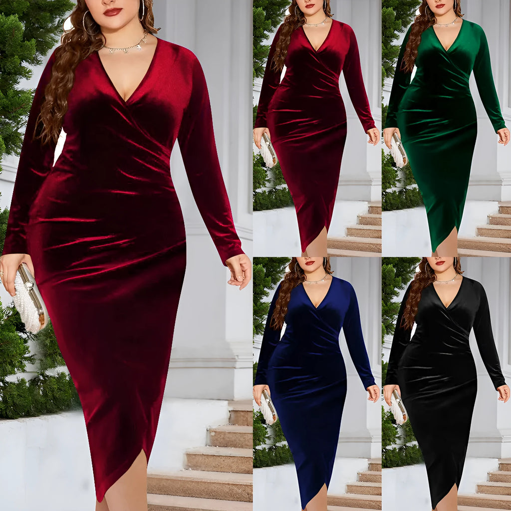 Women's plus size V-neck dress with long sleeves in black, blue, red, and green colour options.