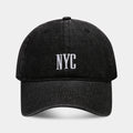 Adjustable denim peaked cap with embroidered lettering in light blue, dark blue, or black