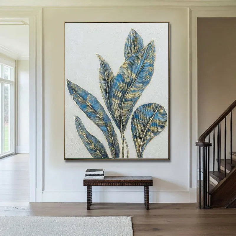 Hand-painted abstract green and golden banana leaves canvas wall art, rolled and frameless, on a white background