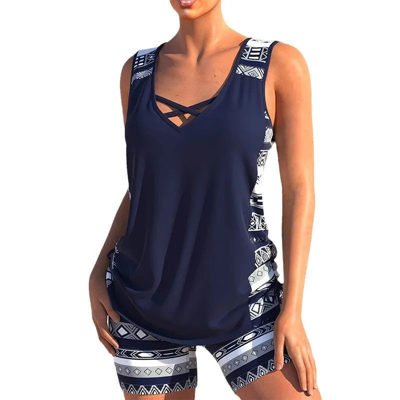 Women's split swimsuit, sleeveless polyester two-piece with briefs style, sizes S to XXL