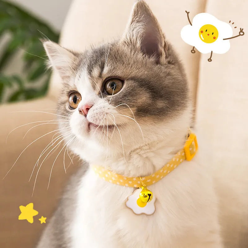 Adjustable cat collar with bell and bow tie for small dogs in green, pink, or yellow.