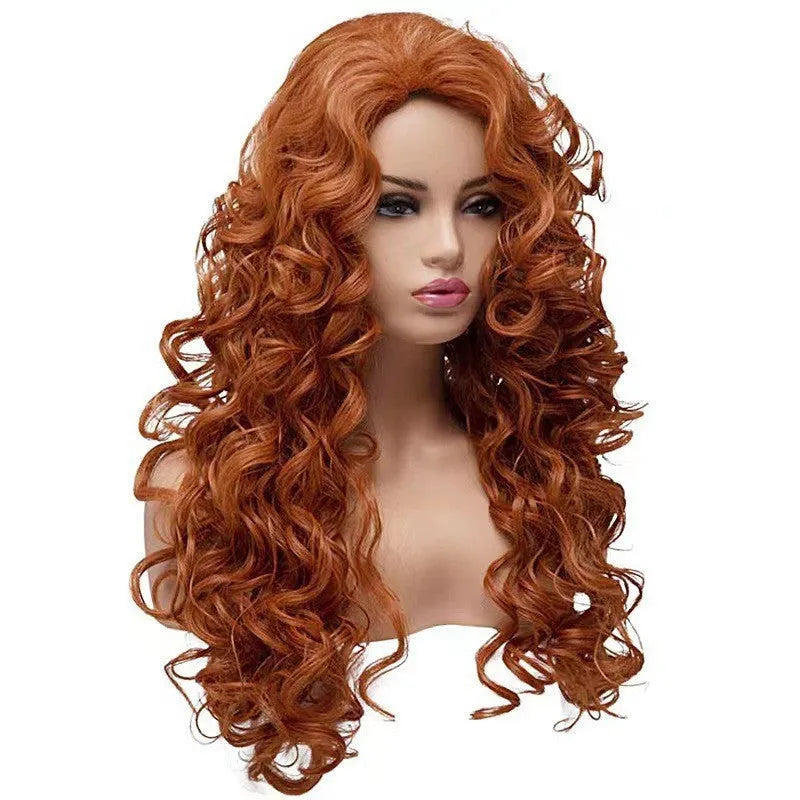 Long wavy brown synthetic curly wig on a mannequin head, with wig cap included.