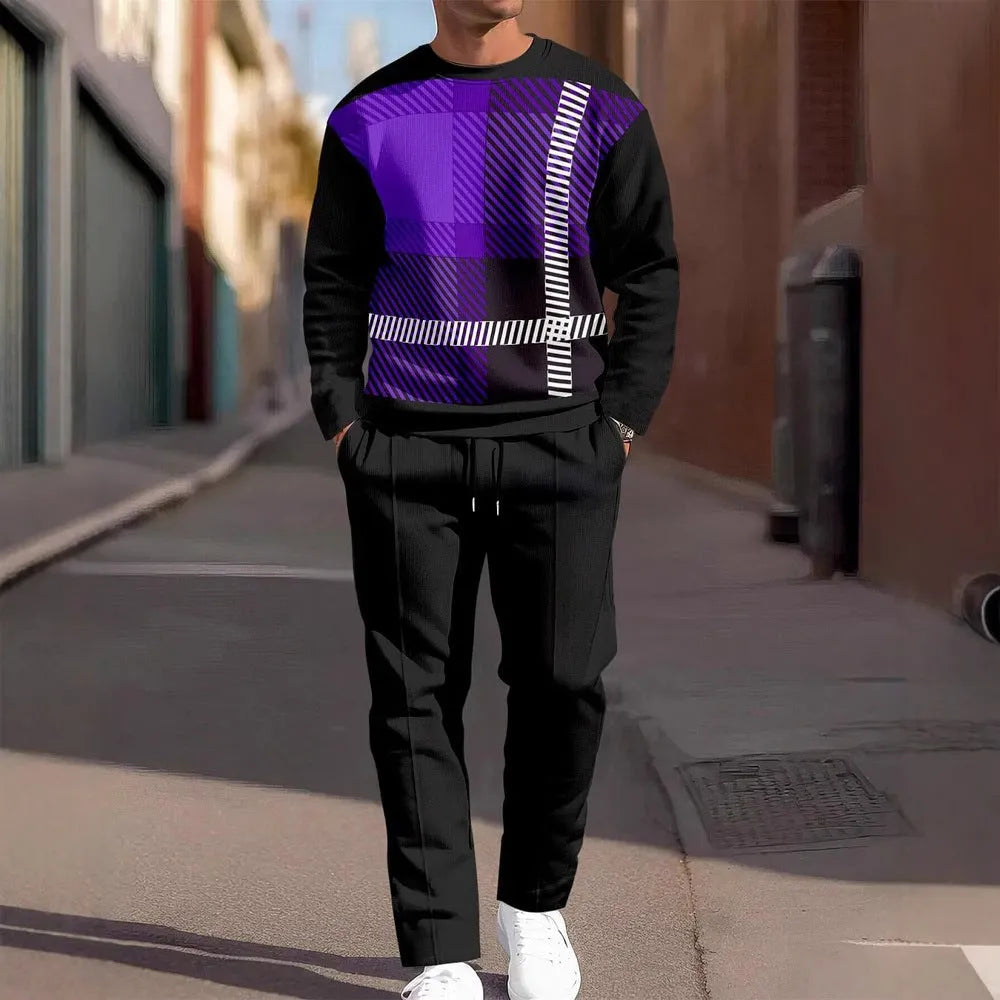 Men's casual sporty two-piece set with long-sleeve round-neck sweatshirt and long pants in blended fibre, sizes S-5XL