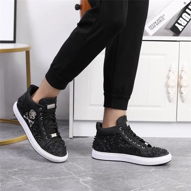 Men's black and red genuine leather high-top skeleton shoes with lace-up front.