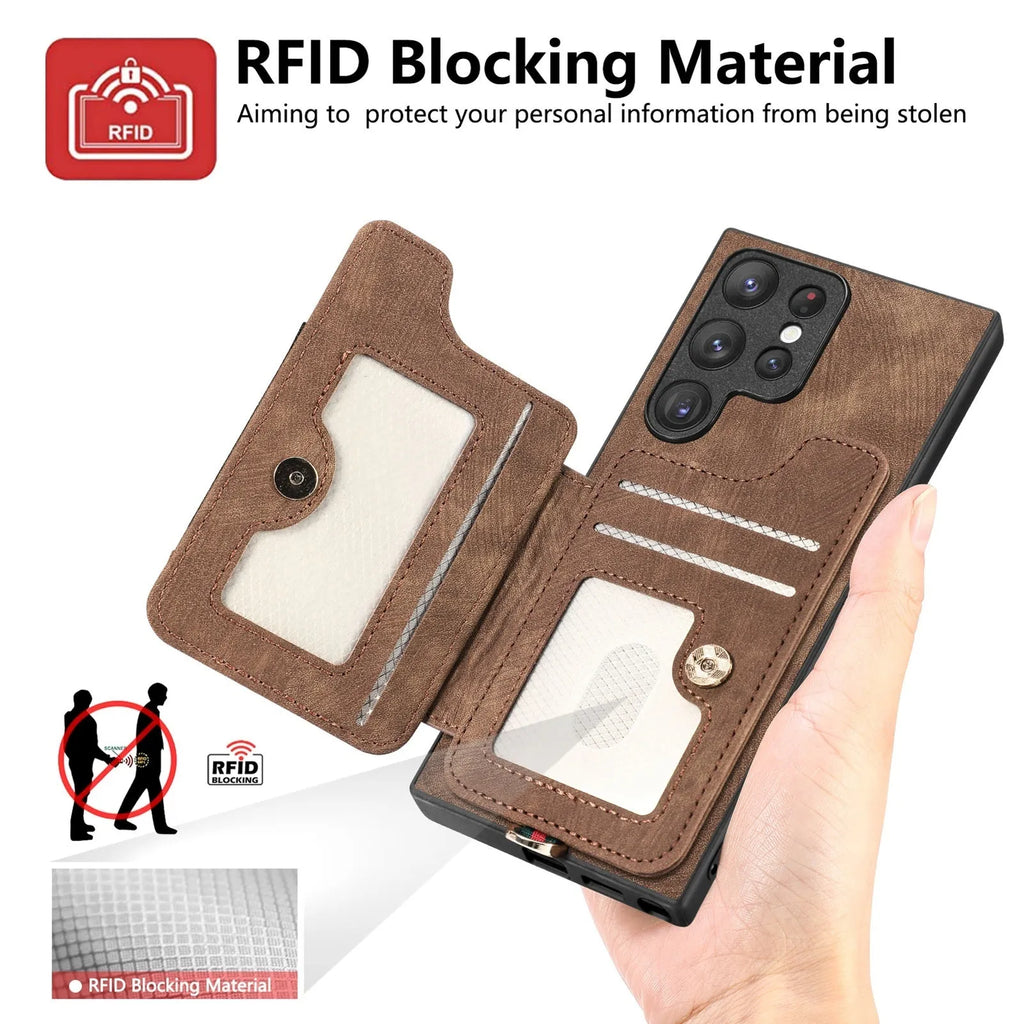 Dark Brown Samsung S25 Ultra PU phone case with ring lanyard, card holder, bracket, and magnetic suction.