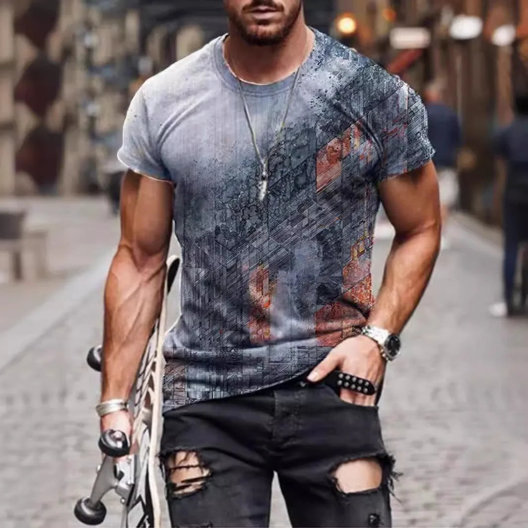 Man wearing a loose-fit camouflage print short-sleeved T-shirt in milk silk fabric.