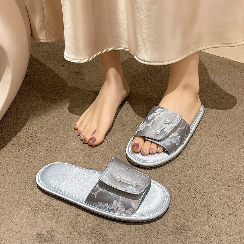 Casual soft bottom slippers in blue with non-slip TPR sole for women, side view