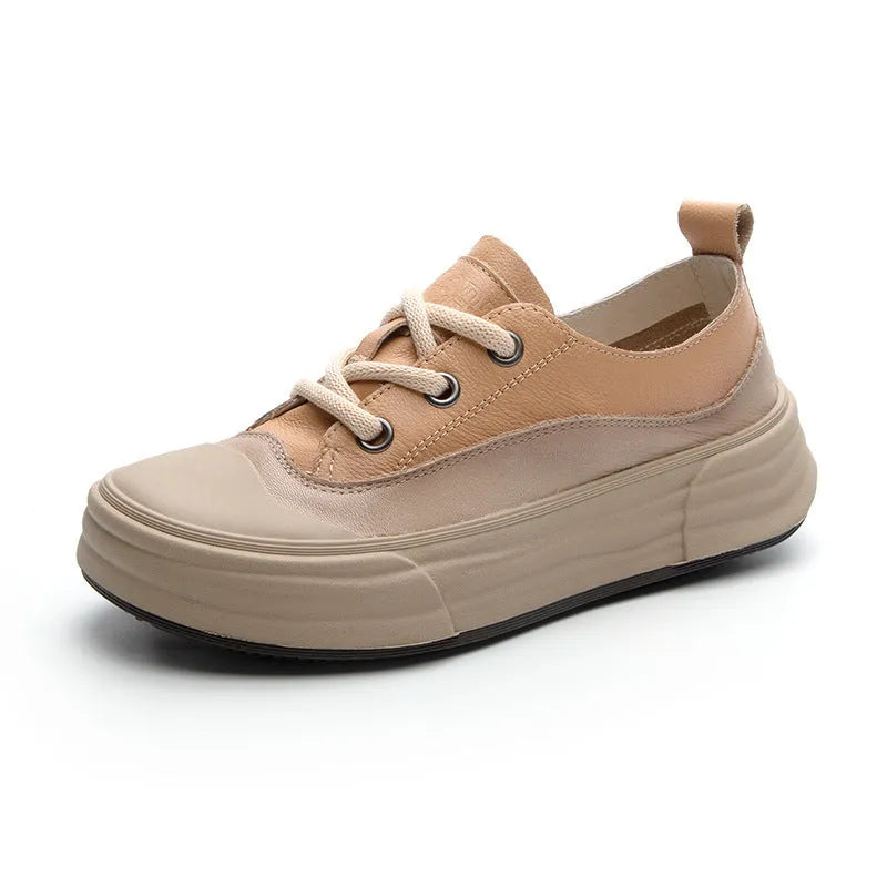Women's leather platform sneakers in matcha green with round toe and lace-up front