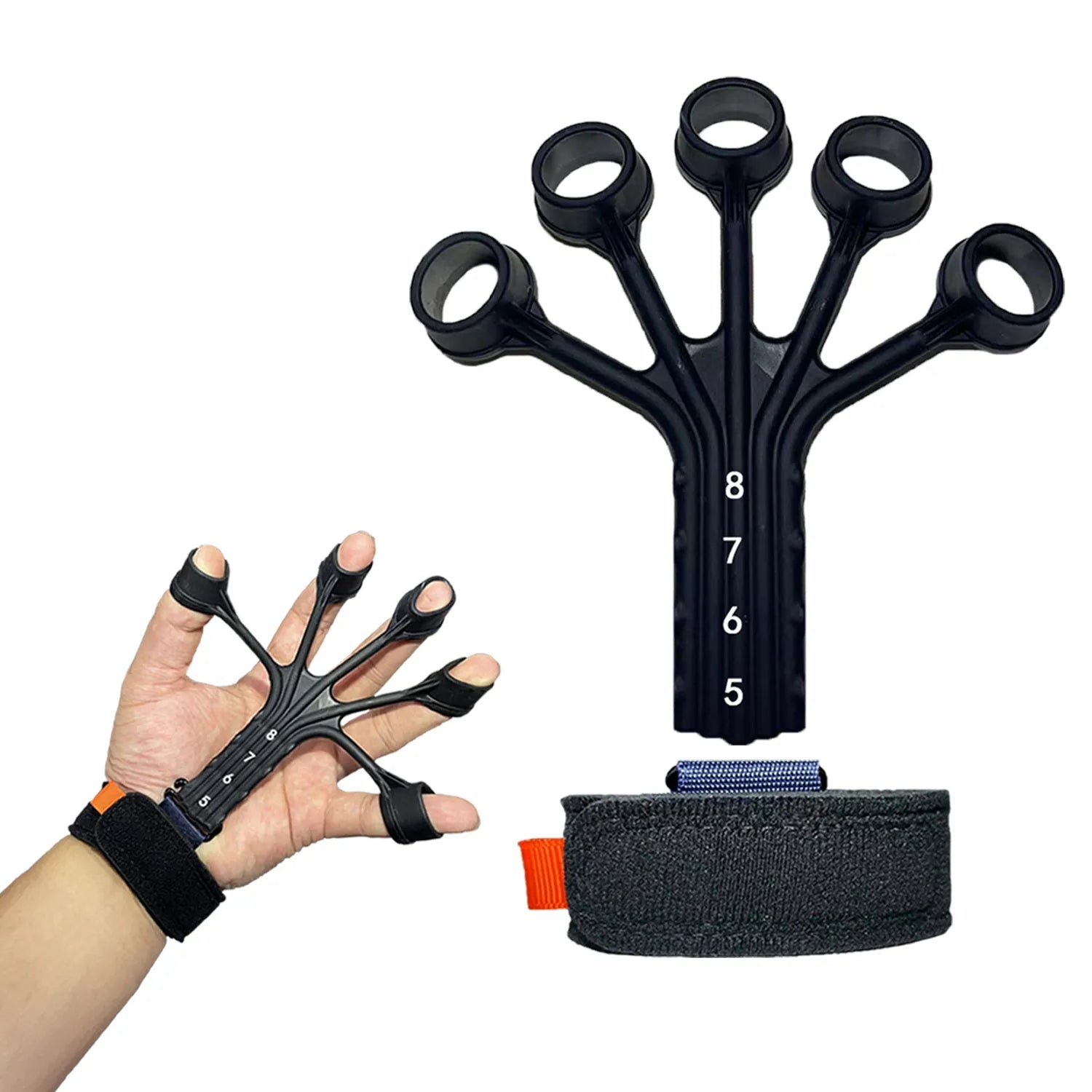 HLX silicone finger flexion and extension trainer with adjustable belt in black colour