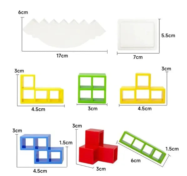 Plastic balance stacking game with coloured blocks, chassis and base for kids and adults