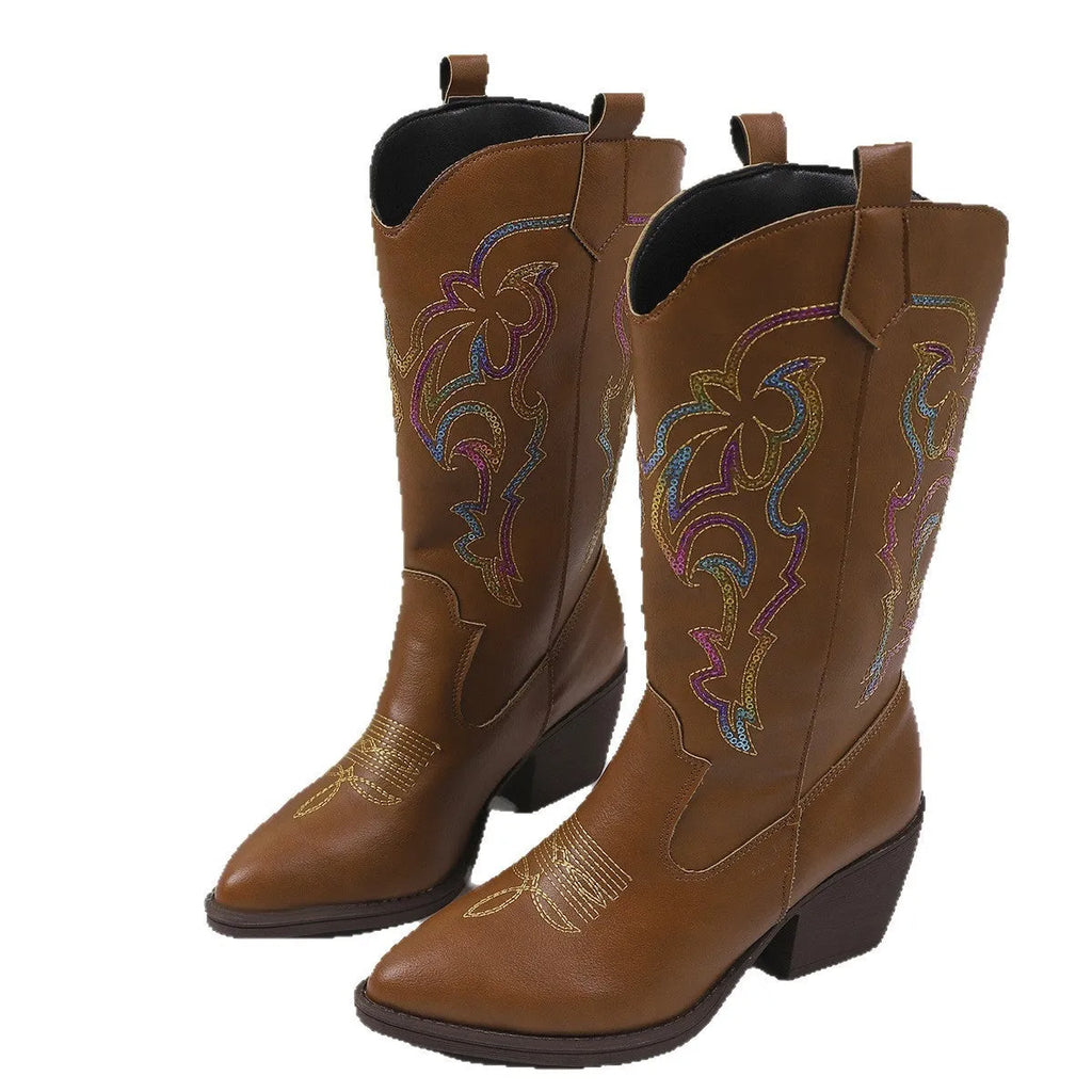 Embroidered knight boots for women with pointed toe chunky heel in brown and black, oversleeve design