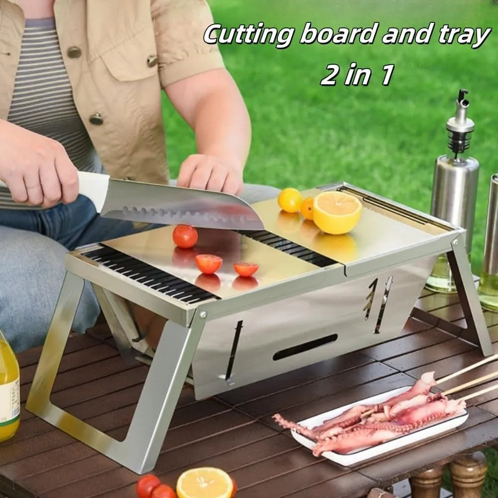 Small foldable steel charcoal grill shown in open and closed positions.