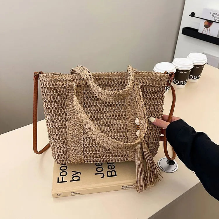 Women's portable straw crossbody bag in milky white colour with diagonal woven pattern