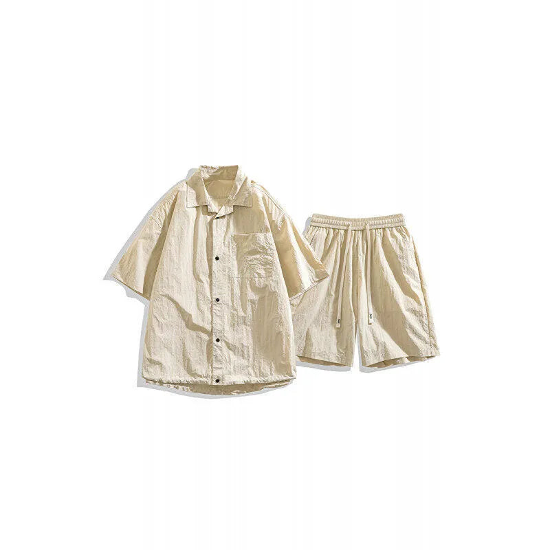 Men's loose casual two-piece set with shirt and shorts in hemp blend fabric