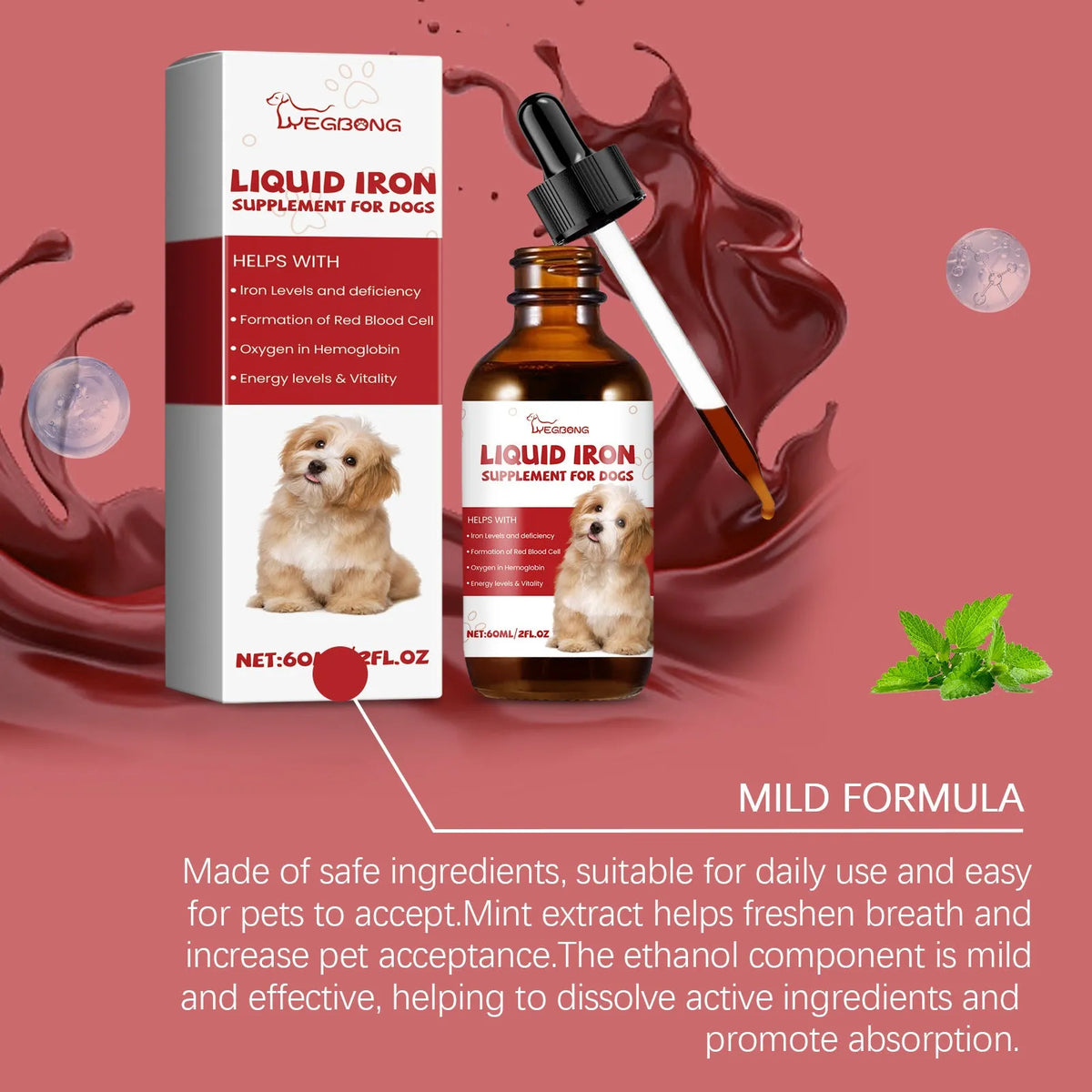 60ml pet dog syrup bottle with mint extract, purified water, and erythritol, measuring 3.3cm x 12cm
