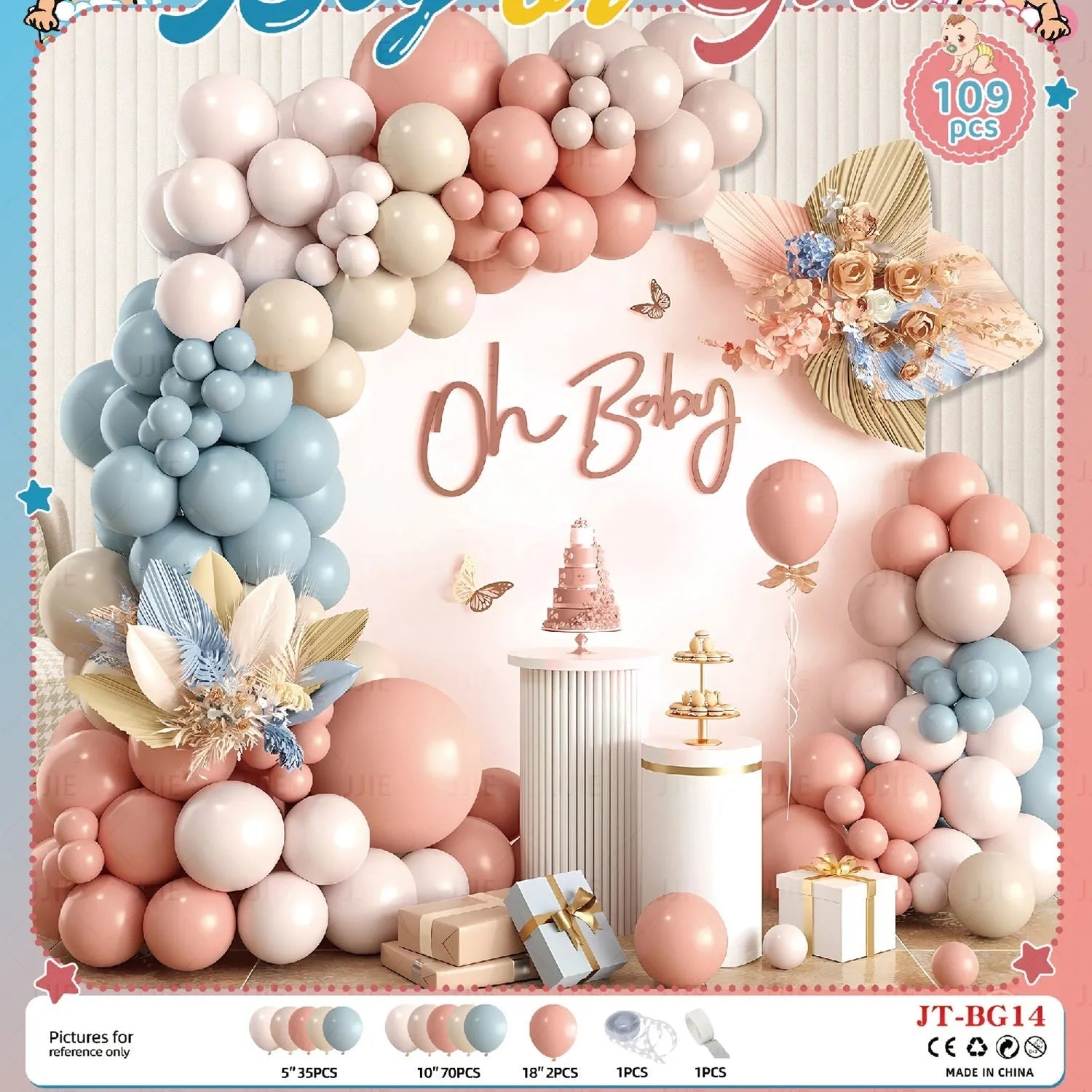 Gender reveal balloon decoration kit with aluminum foil round balloons, pink bottle, blue bottle, and ribbon