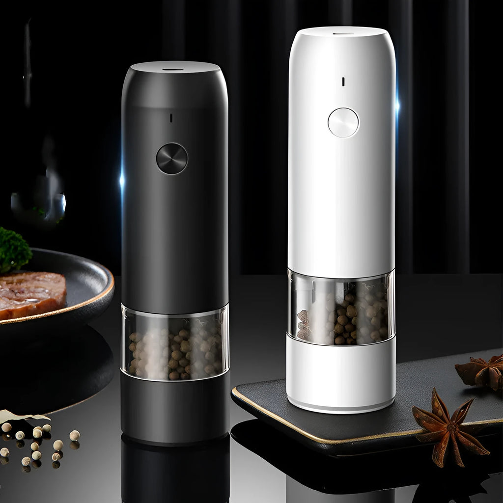 Rechargeable electric pepper and salt grinder in black, white, or silver with clear acrylic body and ceramic mechanism.