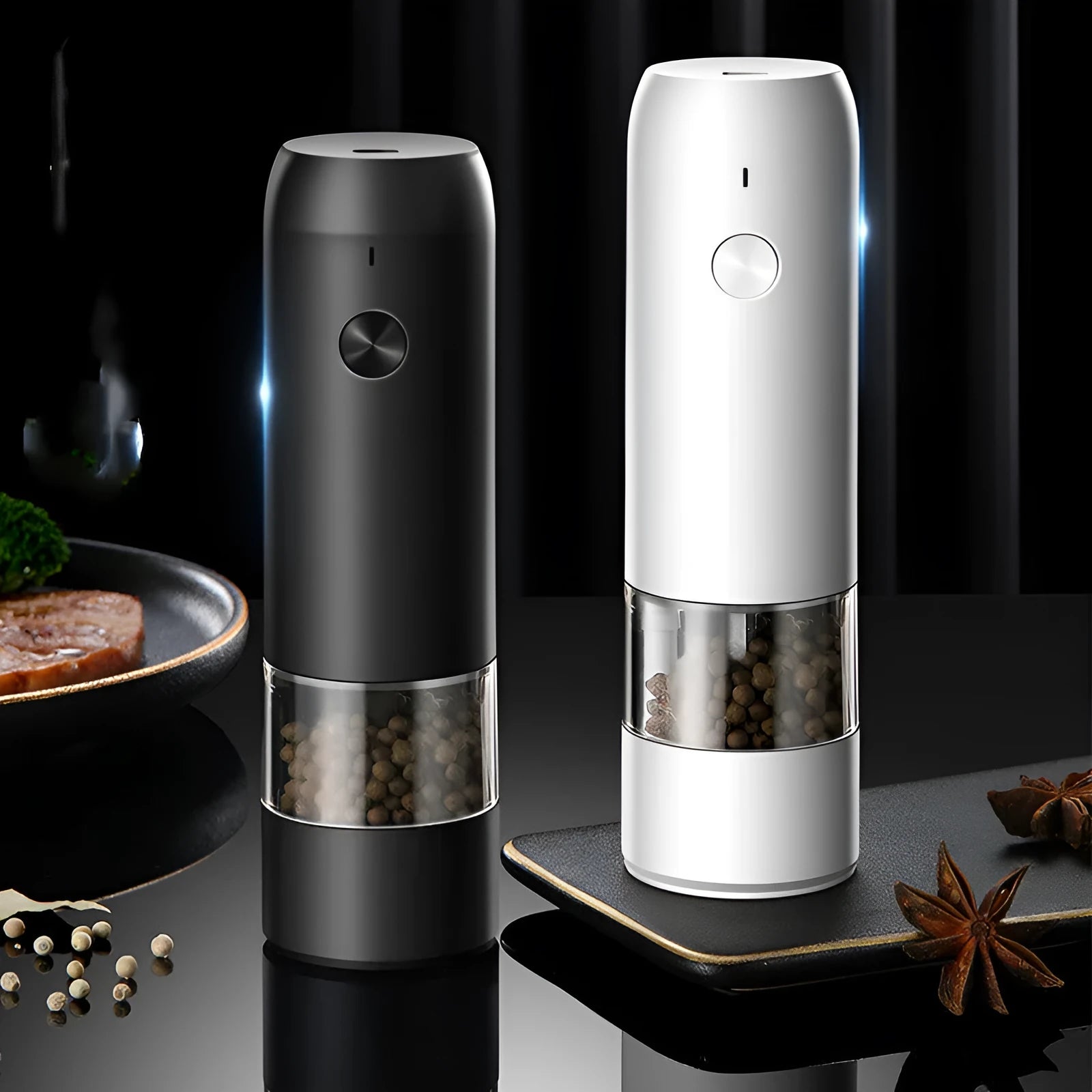 Rechargeable electric pepper and salt grinder in black, white, or silver with clear acrylic body and ceramic mechanism.