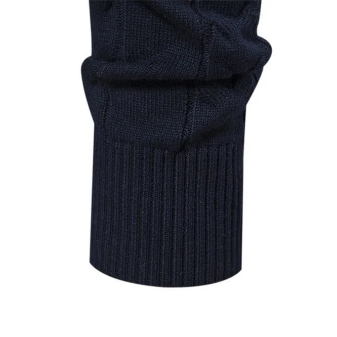 Men's cotton half zip sweater with stand-up collar in dark blue, on a model, front view