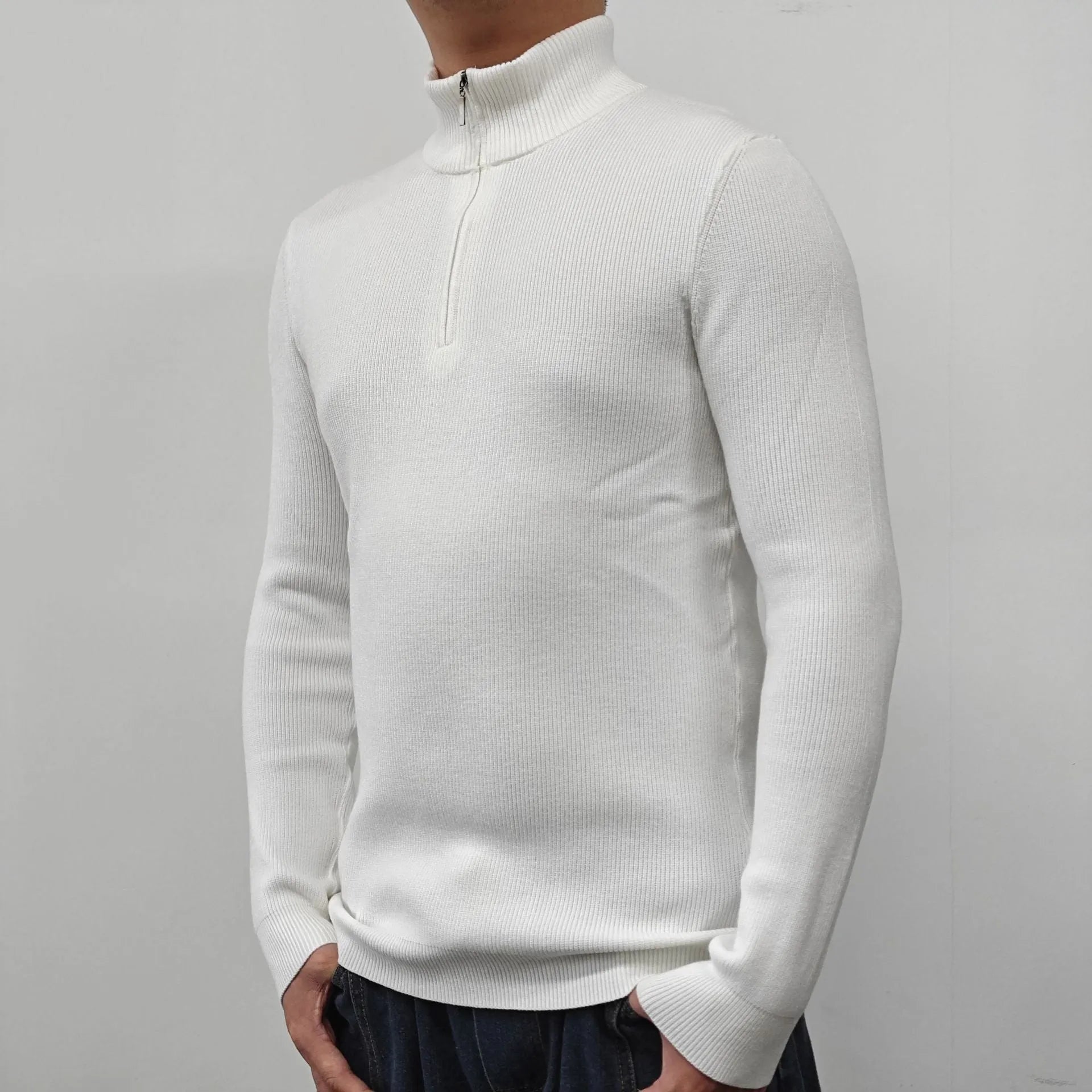 Men's American-style half-turtleneck zipper sweater in cotton blend fabric