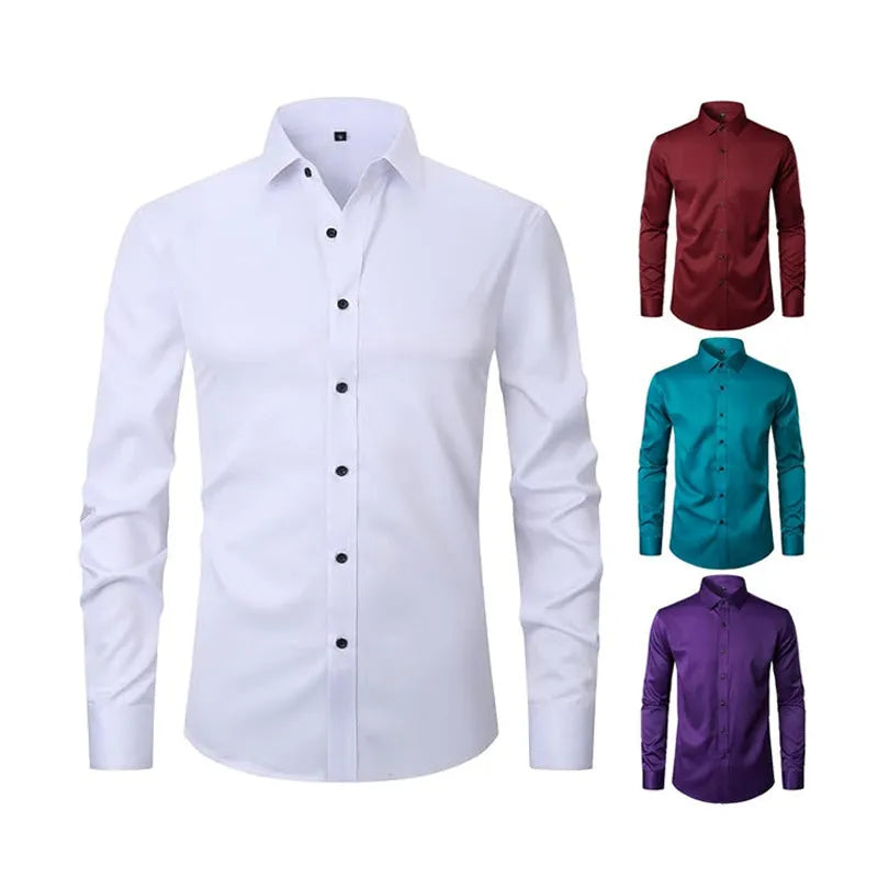 Men's long sleeve work shirt in stretch polyester fabric shown in a variety of colours.