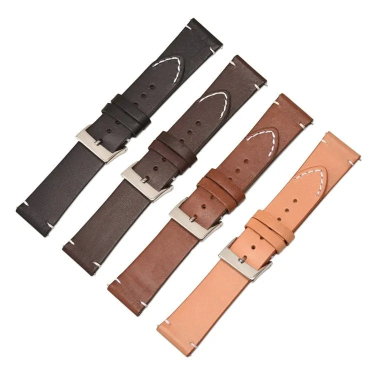 Leather watch strap with stainless steel pin buckle, 2mm thick, available in black, dark brown, light brown, and yellow