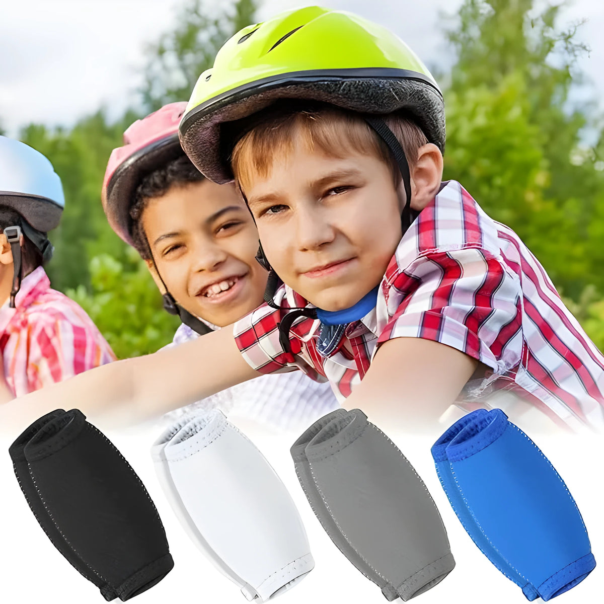 Rugby chin pad in polyester fibre, 12 x 7.5 cm, shown as an anti-collision helmet pad in black, white, blue, or grey.
