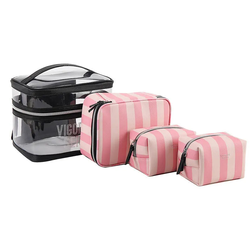 Pink bold stripe floral pattern waterproof synthetic leather folding makeup buggy bag with European American retro styling