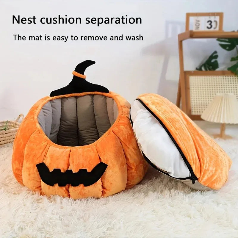 Halloween-themed orange pumpkin-shaped soft plush bed for a cat or small dog, featuring a cartoon devil design.