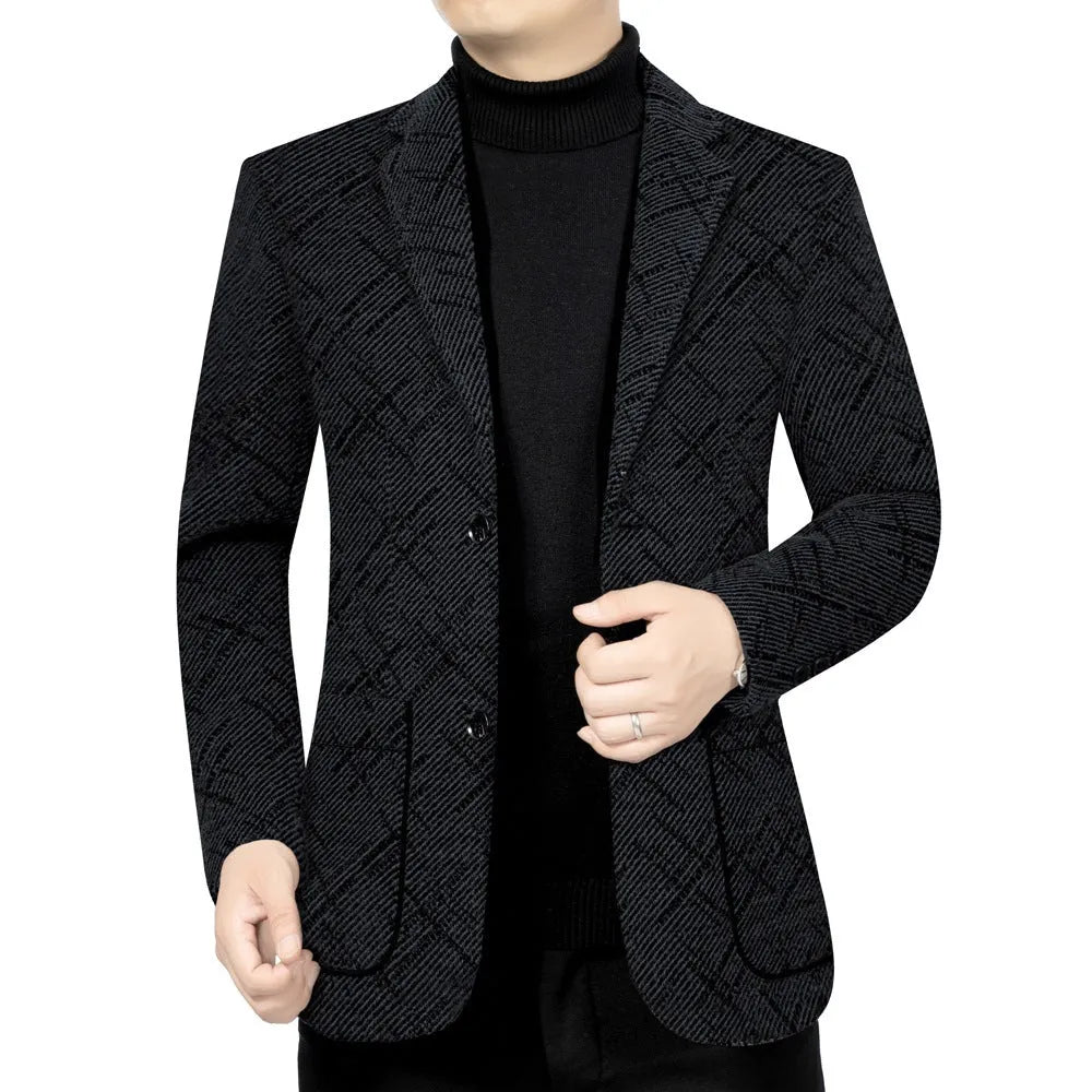 Men's slim-fit business casual coat in brown with stick pocket and long sleeves, polyester lining