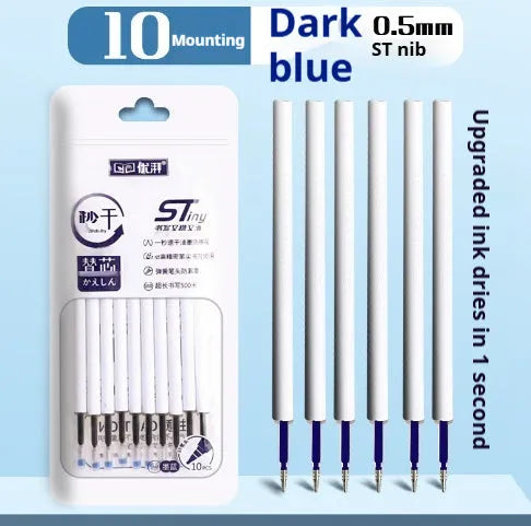 A pack of ten quick-drying 500-metre pen refill cartridges in black, blue, red, and ink blue colours.
