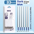 A pack of ten quick-drying 500-metre pen refill cartridges in black, blue, red, and ink blue colours.