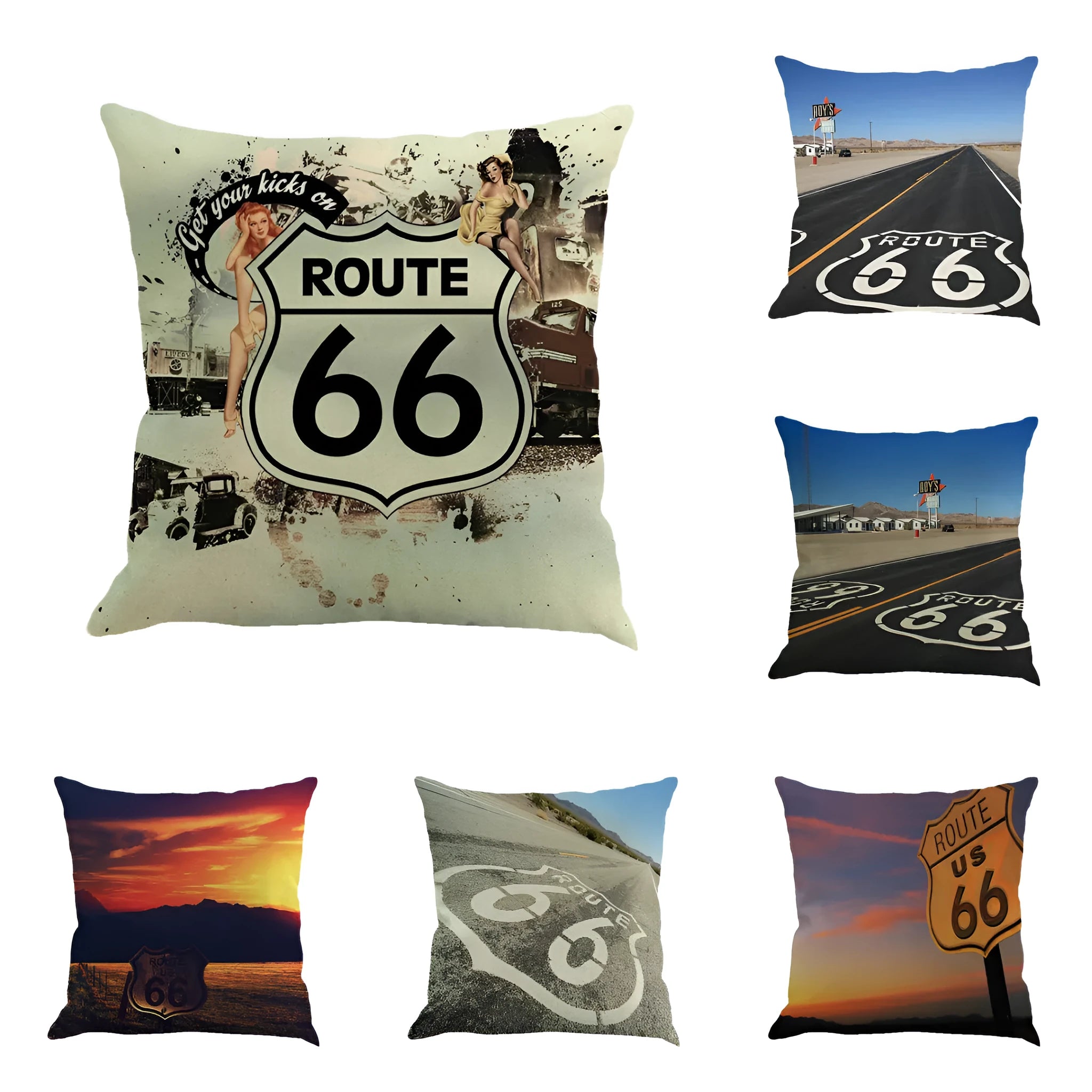 45cm square linen cushion cover with Route 66 road landscape pattern in European style.