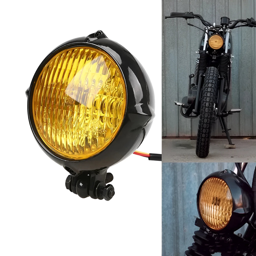 Black electroplated cast aluminium Harley-style halogen car headlight with yellow bulb.